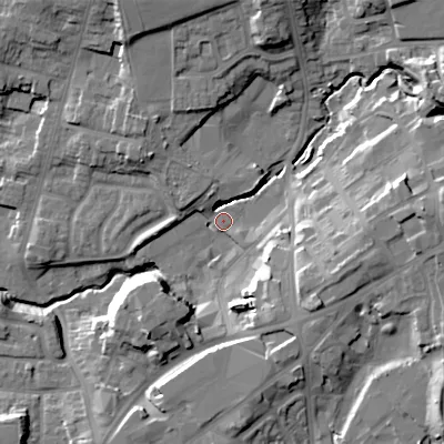 Shaded relief map of the ground around B645DJ, computed from Environment Agency LiDAR. The ground here sits at about 99 m above sea level and falls 25 m across the surrounding 800 m. Surface water reaching this point runs off ground lying to the east, 19.9 m higher.