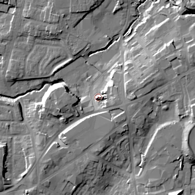 Shaded relief map of the ground around B645DR, computed from Environment Agency LiDAR. The ground here sits at about 106 m above sea level and falls 25 m across the surrounding 800 m. Surface water reaching this point runs off ground lying to the east-south-east, 10.7 m higher.