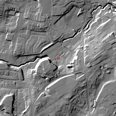 Shaded relief map of the ground around B645DT, computed from Environment Agency LiDAR. The ground here sits at about 98 m above sea level and falls 24 m across the surrounding 800 m. Surface water reaching this point runs off ground lying to the east-north-east, 19.9 m higher.