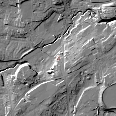 Shaded relief map of the ground around B645EB, computed from Environment Agency LiDAR. The ground here sits at about 107 m above sea level and falls 25 m across the surrounding 800 m. Surface water reaching this point runs off ground lying to the south-south-east, 7.3 m higher.