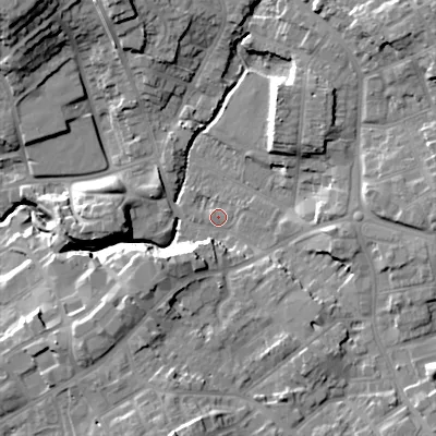 Shaded relief map of the ground around B645JP, computed from Environment Agency LiDAR. The ground here sits at about 107 m above sea level and falls 23 m across the surrounding 800 m. Surface water reaching this point runs off ground lying to the north-east, 15.3 m higher.