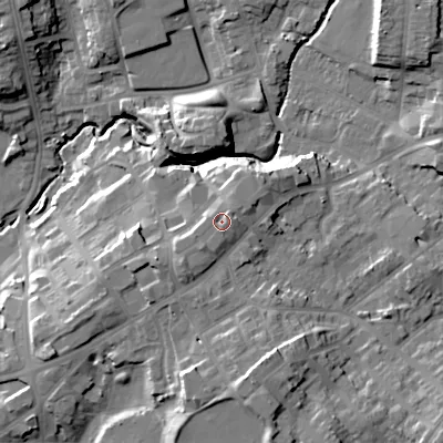 Shaded relief map of the ground around B645LE, computed from Environment Agency LiDAR. The ground here sits at about 114 m above sea level and falls 23 m across the surrounding 800 m. Surface water reaching this point runs off ground lying to the south-west, 2.0 m higher.