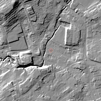 Shaded relief map of the ground around B645NH, computed from Environment Agency LiDAR. The ground here sits at about 106 m above sea level and falls 25 m across the surrounding 800 m. Surface water reaching this point runs off ground lying to the north-north-west, 18.1 m higher.