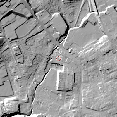Shaded relief map of the ground around B645NJ, computed from Environment Agency LiDAR. The ground here sits at about 111 m above sea level and falls 37 m across the surrounding 800 m. Surface water reaching this point runs off ground lying to the east-north-east, 3.4 m higher.