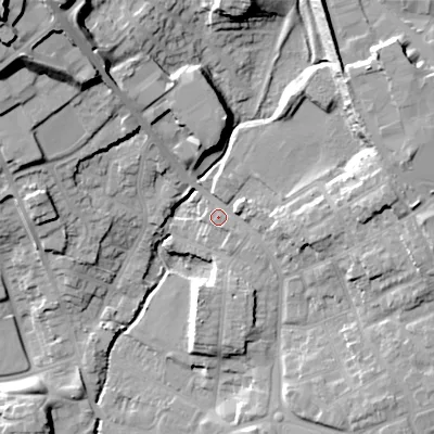 Shaded relief map of the ground around B645NL, computed from Environment Agency LiDAR. The ground here sits at about 113 m above sea level and falls 35 m across the surrounding 800 m. Surface water reaching this point runs off ground lying to the east, 11.4 m higher.