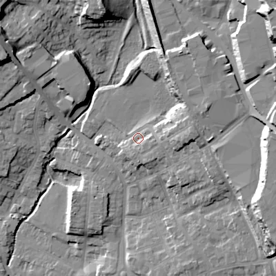 Shaded relief map of the ground around B645NP, computed from Environment Agency LiDAR. The ground here sits at about 115 m above sea level and falls 39 m across the surrounding 800 m. Surface water reaching this point runs off ground lying to the east, 9.4 m higher.