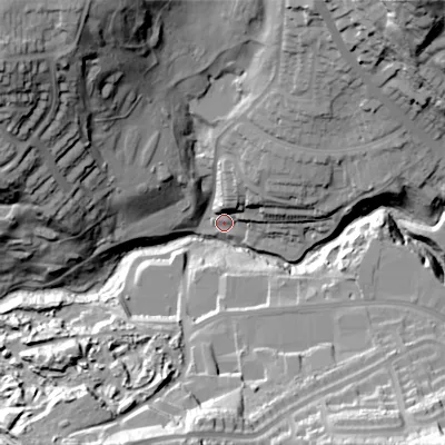 Shaded relief map of the ground around B647JZ, computed from Environment Agency LiDAR. The ground here sits at about 95 m above sea level and falls 60 m across the surrounding 800 m. Surface water reaching this point runs off ground lying to the north-east, 17.0 m higher.