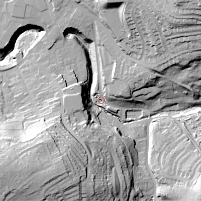 Shaded relief map of the ground around B647NP, computed from Environment Agency LiDAR. The ground here sits at about 88 m above sea level and falls 63 m across the surrounding 800 m. Surface water reaching this point runs off ground lying to the north-east, 62.3 m higher.