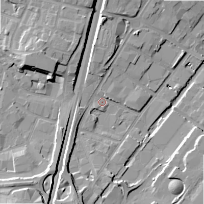 Shaded relief map of the ground around B64DS, computed from Environment Agency LiDAR. The ground here sits at about 102 m above sea level and falls 20 m across the surrounding 800 m. Surface water reaching this point runs off ground lying to the south-west, 15.2 m higher.