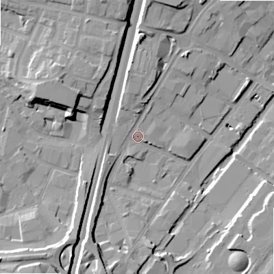Shaded relief map of the ground around B64DT, computed from Environment Agency LiDAR. The ground here sits at about 103 m above sea level and falls 20 m across the surrounding 800 m. Surface water reaching this point runs off ground lying to the south-west, 11.8 m higher.