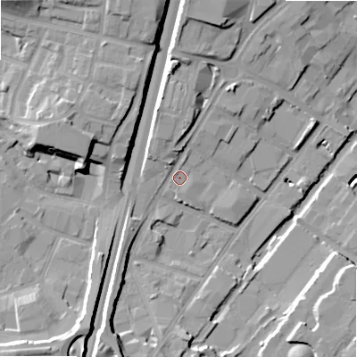 Shaded relief map of the ground around B64DU, computed from Environment Agency LiDAR. The ground here sits at about 103 m above sea level and falls 21 m across the surrounding 800 m. Surface water reaching this point runs off ground lying to the north, 7.4 m higher.