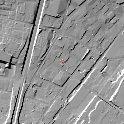 Shaded relief map of the ground around B64DY, computed from Environment Agency LiDAR. The ground here sits at about 103 m above sea level and falls 22 m across the surrounding 800 m. Surface water reaching this point runs off ground lying to the north-north-west, 1.4 m higher.