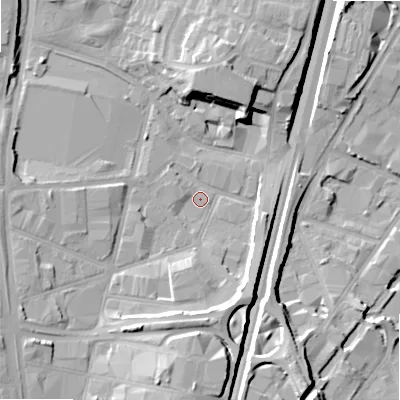 Shaded relief map of the ground around B64PL, computed from Environment Agency LiDAR. The ground here sits at about 104 m above sea level and falls 17 m across the surrounding 800 m. Surface water reaching this point runs off ground lying to the south, 14.6 m higher.