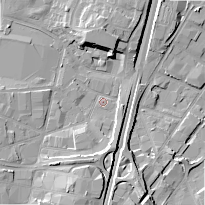 Shaded relief map of the ground around B64PQ, computed from Environment Agency LiDAR. The ground here sits at about 104 m above sea level and falls 17 m across the surrounding 800 m. Surface water reaching this point runs off ground lying to the south-south-west, 12.1 m higher.