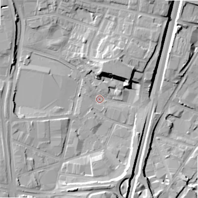 Shaded relief map of the ground around B64PT, computed from Environment Agency LiDAR. The ground here sits at about 103 m above sea level and falls 16 m across the surrounding 800 m. Surface water reaching this point runs off ground lying to the south, 12.7 m higher.