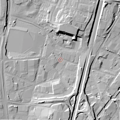 Shaded relief map of the ground around B64RU, computed from Environment Agency LiDAR. The ground here sits at about 104 m above sea level and falls 17 m across the surrounding 800 m. Surface water reaching this point runs off ground lying to the south, 14.6 m higher.