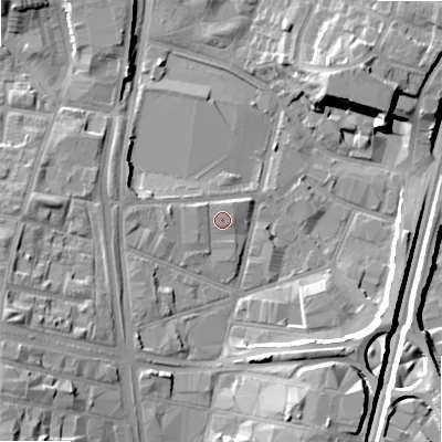 Shaded relief map of the ground around B64SL, computed from Environment Agency LiDAR. The ground here sits at about 107 m above sea level and falls 20 m across the surrounding 800 m. Surface water reaching this point runs off ground lying to the west, 1.2 m higher.