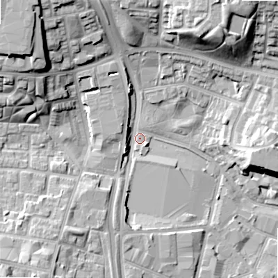 Shaded relief map of the ground around B64XA, computed from Environment Agency LiDAR. The ground here sits at about 105 m above sea level and falls 21 m across the surrounding 800 m. Surface water reaching this point runs off ground lying to the north-west, 19.0 m higher.