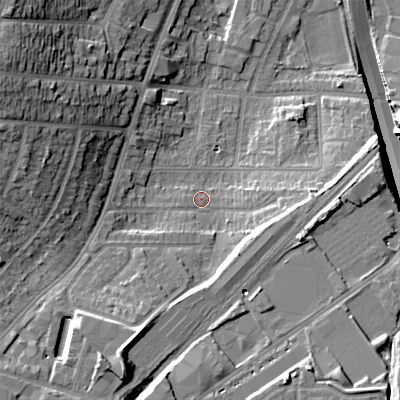 Shaded relief map of the ground around B650NZ, computed from Environment Agency LiDAR. The ground here sits at about 162 m above sea level and falls 28 m across the surrounding 800 m. Surface water reaching this point runs off ground lying to the south-south-west, 12.1 m higher.