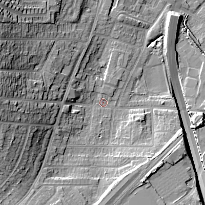 Shaded relief map of the ground around B650PF, computed from Environment Agency LiDAR. The ground here sits at about 160 m above sea level and falls 28 m across the surrounding 800 m. Surface water reaching this point runs off ground lying to the west, 19.1 m higher.