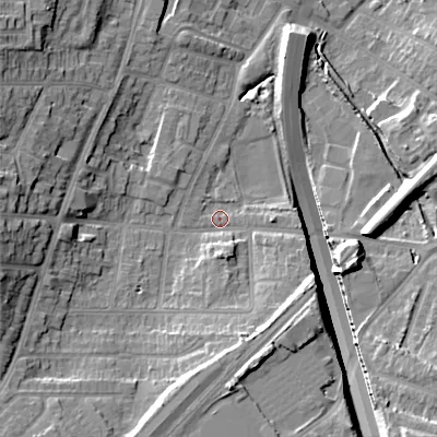 Shaded relief map of the ground around B650RJ, computed from Environment Agency LiDAR. The ground here sits at about 160 m above sea level and falls 19 m across the surrounding 800 m. Surface water reaching this point runs off ground lying to the west, 12.5 m higher.
