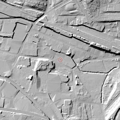 Shaded relief map of the ground around B662LQ, computed from Environment Agency LiDAR. The ground here sits at about 131 m above sea level and falls 29 m across the surrounding 800 m. Surface water reaching this point runs off ground lying to the north-west, 13.2 m higher.