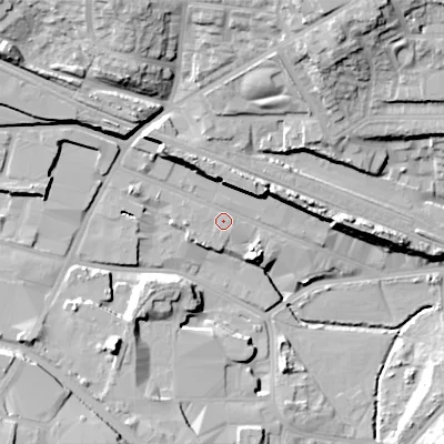 Shaded relief map of the ground around B662NZ, computed from Environment Agency LiDAR. The ground here sits at about 134 m above sea level and falls 33 m across the surrounding 800 m. Surface water reaching this point runs off ground lying to the north-north-east, 23.4 m higher.