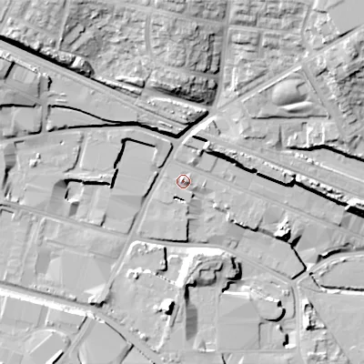 Shaded relief map of the ground around B662PF, computed from Environment Agency LiDAR. The ground here sits at about 135 m above sea level and falls 31 m across the surrounding 800 m. Surface water reaching this point runs off ground lying to the north, 2.4 m higher.