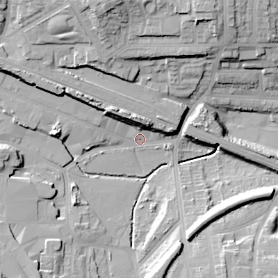 Shaded relief map of the ground around B662PU, computed from Environment Agency LiDAR. The ground here sits at about 129 m above sea level and falls 32 m across the surrounding 800 m. Surface water reaching this point runs off ground lying to the west-north-west, 15.3 m higher.