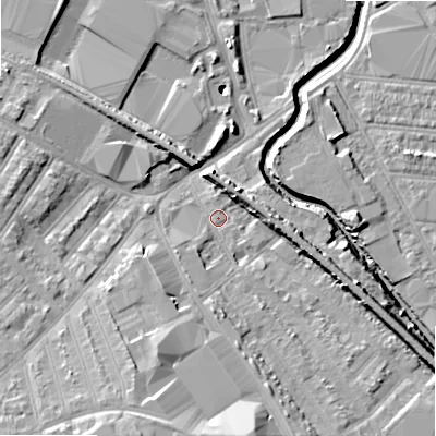 Shaded relief map of the ground around B66QT, computed from Environment Agency LiDAR. The ground here sits at about 94 m above sea level and falls 14 m across the surrounding 800 m. Surface water reaching this point runs off ground lying to the south, 9.6 m higher.