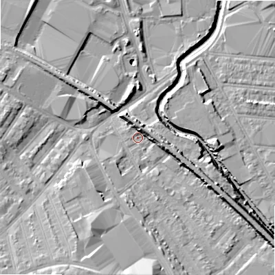 Shaded relief map of the ground around B66QU, computed from Environment Agency LiDAR. The ground here sits at about 93 m above sea level and falls 14 m across the surrounding 800 m. Surface water reaching this point runs off ground lying to the south-south-west, 9.3 m higher.