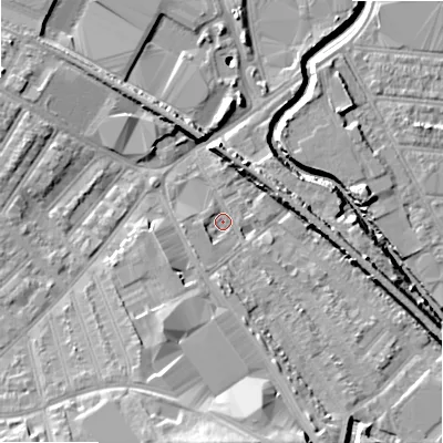 Shaded relief map of the ground around B66QX, computed from Environment Agency LiDAR. The ground here sits at about 94 m above sea level and falls 18 m across the surrounding 800 m. Surface water reaching this point runs off ground lying to the south-south-west, 3.0 m higher.