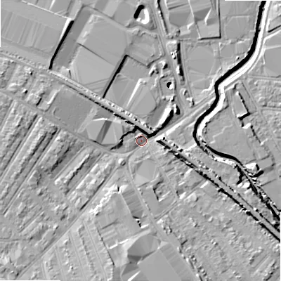 Shaded relief map of the ground around B66SN, computed from Environment Agency LiDAR. The ground here sits at about 93 m above sea level and falls 12 m across the surrounding 800 m. Surface water reaching this point runs off ground lying to the south-south-west, 9.1 m higher.