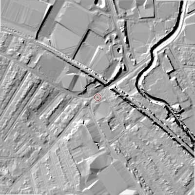Shaded relief map of the ground around B66SP, computed from Environment Agency LiDAR. The ground here sits at about 94 m above sea level and falls 13 m across the surrounding 800 m. Surface water reaching this point runs off ground lying to the south, 8.6 m higher.