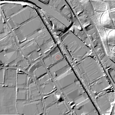 Shaded relief map of the ground around B67AF, computed from Environment Agency LiDAR. The ground here sits at about 95 m above sea level and falls 25 m across the surrounding 800 m. Surface water reaching this point runs off ground lying to the north-north-west, 2.3 m higher.