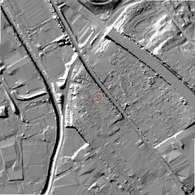 Shaded relief map of the ground around B67AN, computed from Environment Agency LiDAR. The ground here sits at about 100 m above sea level and falls 25 m across the surrounding 800 m. Surface water reaching this point runs off ground lying to the north-north-west, 2.4 m higher.