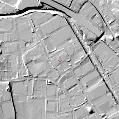 Shaded relief map of the ground around B67AP, computed from Environment Agency LiDAR. The ground here sits at about 96 m above sea level and falls 15 m across the surrounding 800 m. The ground contributing surface water to this point lies to the south.