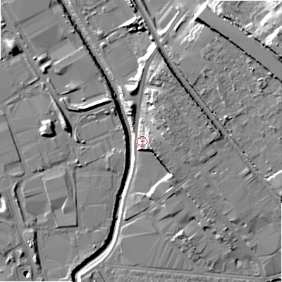 Shaded relief map of the ground around B67AR, computed from Environment Agency LiDAR. The ground here sits at about 95 m above sea level and falls 25 m across the surrounding 800 m. Surface water reaching this point runs off ground lying to the north-east, 8.5 m higher.
