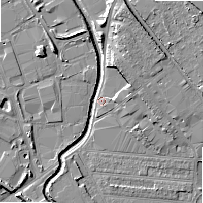 Shaded relief map of the ground around B67AS, computed from Environment Agency LiDAR. The ground here sits at about 93 m above sea level and falls 19 m across the surrounding 800 m. Surface water reaching this point runs off ground lying to the north-north-east, 7.0 m higher.