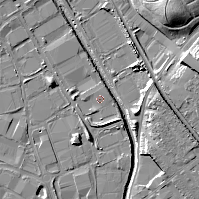 Shaded relief map of the ground around B67AX, computed from Environment Agency LiDAR. The ground here sits at about 94 m above sea level and falls 25 m across the surrounding 800 m. Surface water reaching this point runs off ground lying to the west, 2.6 m higher.