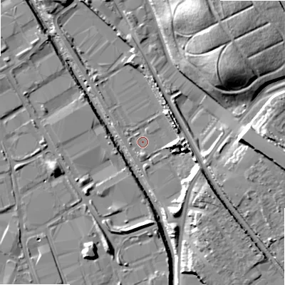 Shaded relief map of the ground around B67AY, computed from Environment Agency LiDAR. The ground here sits at about 94 m above sea level and falls 26 m across the surrounding 800 m. Surface water reaching this point runs off ground lying to the east-north-east, 6.8 m higher.
