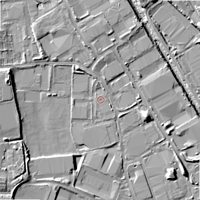 Shaded relief map of the ground around B67BB, computed from Environment Agency LiDAR. The ground here sits at about 95 m above sea level and falls 11 m across the surrounding 800 m. Surface water reaching this point runs off ground lying to the north-west, 3.2 m higher.