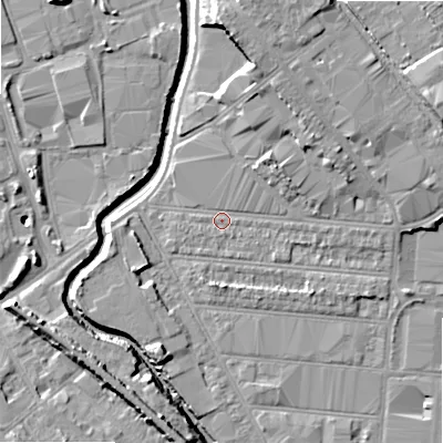 Shaded relief map of the ground around B67BE, computed from Environment Agency LiDAR. The ground here sits at about 93 m above sea level and falls 14 m across the surrounding 800 m. Surface water reaching this point runs off ground lying to the north-north-east, 5.1 m higher.