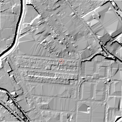 Shaded relief map of the ground around B67BG, computed from Environment Agency LiDAR. The ground here sits at about 93 m above sea level and falls 23 m across the surrounding 800 m. Surface water reaching this point runs off ground lying to the north-north-west, 4.5 m higher.