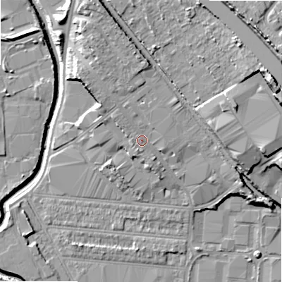 Shaded relief map of the ground around B67BT, computed from Environment Agency LiDAR. The ground here sits at about 97 m above sea level and falls 26 m across the surrounding 800 m. Surface water reaching this point runs off ground lying to the north-north-west, 4.9 m higher.