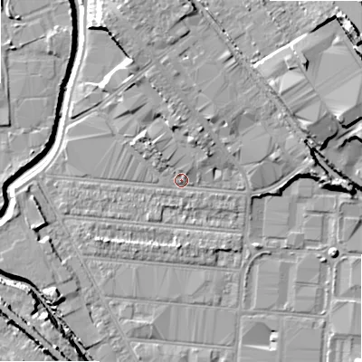 Shaded relief map of the ground around B67BU, computed from Environment Agency LiDAR. The ground here sits at about 94 m above sea level and falls 23 m across the surrounding 800 m. Surface water reaching this point runs off ground lying to the north, 4.5 m higher.