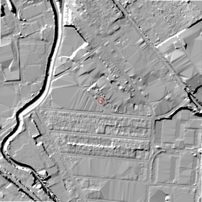 Shaded relief map of the ground around B67BX, computed from Environment Agency LiDAR. The ground here sits at about 94 m above sea level and falls 20 m across the surrounding 800 m. Surface water reaching this point runs off ground lying to the north-north-west, 3.7 m higher.