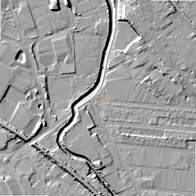 Shaded relief map of the ground around B67BY, computed from Environment Agency LiDAR. The ground here sits at about 92 m above sea level and falls 12 m across the surrounding 800 m. Surface water reaching this point runs off ground lying to the north-north-east, 7.5 m higher.