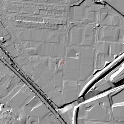 Shaded relief map of the ground around B67DF, computed from Environment Agency LiDAR. The ground here sits at about 92 m above sea level and falls 13 m across the surrounding 800 m. Surface water reaching this point runs off ground lying to the south, 1.9 m higher.