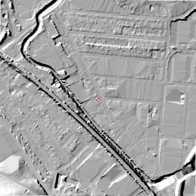 Shaded relief map of the ground around B67DG, computed from Environment Agency LiDAR. The ground here sits at about 92 m above sea level and falls 26 m across the surrounding 800 m. Surface water reaching this point runs off ground lying to the north-west, 4.3 m higher.